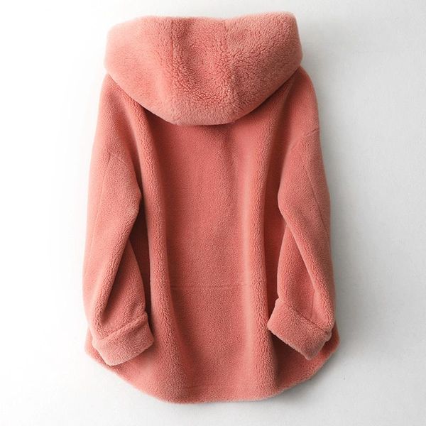 

women's fur & faux real winter 2021 coat women long sheep shearling overcoat genuine pink hooded natural wool jackets 59325, Black