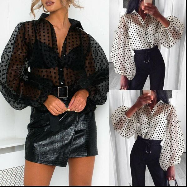 

womens shirt ladies long sleeve baggy loose turn down collar blouse black white women casual polka dot lantern see through