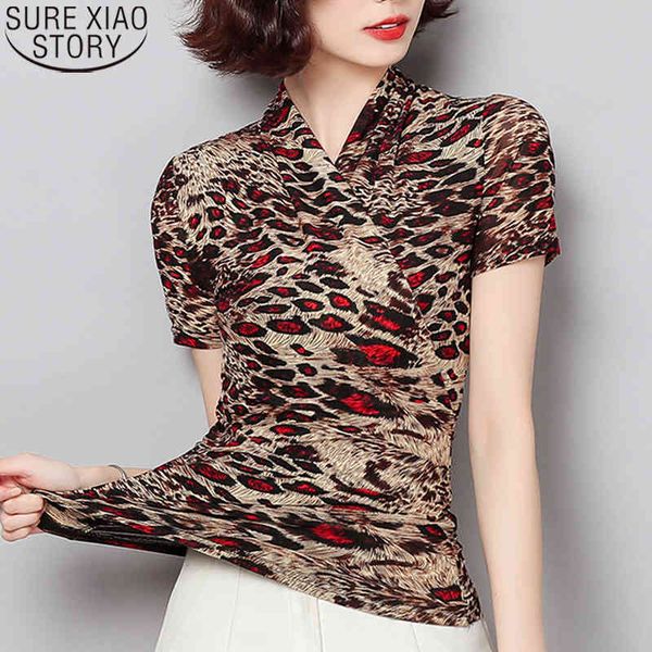 

red leopard print mesh bottoming blouse women short sleeve summer shirt plus size blusas mujer de moda v-neck blouses 10364 210417, White