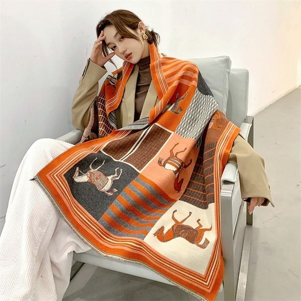 

2021 winter imitation cashmere warm carriage scarf women's Air Conditioning decoration thick shawl long, Blue;black