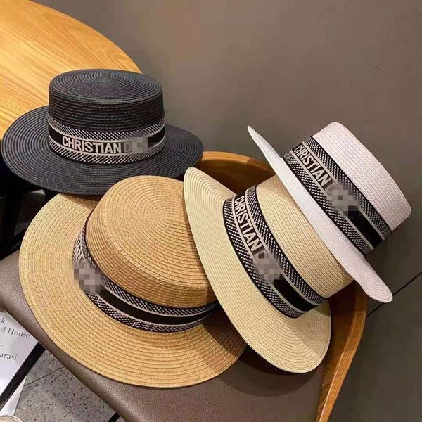 

luxury d letter flat straw hat for women's travel beach shade tide hat, Blue;gray