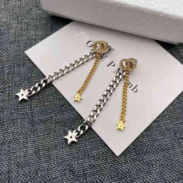 

earrings star two color chain earrings female brass 925 silver needle earrings with gift box package, Golden