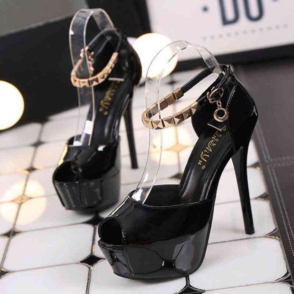 

sandals women 2021 peep toe platform high-heeled shoes summer metal rivet decoration buckle strap stiletto fdkf, Black