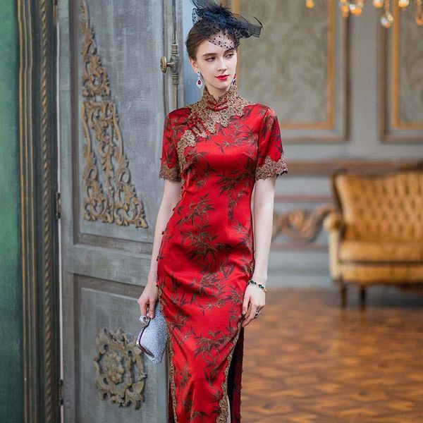 

ethnic clothing china traditional dress flower embroidery wedding red stand collar short qipao tradicional silk cheongsams woman clothes