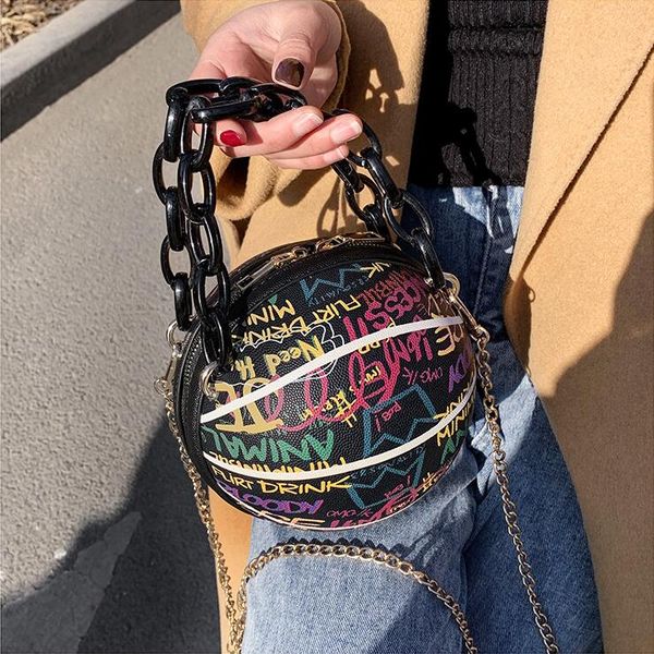 

factory wholesale women handbag graffiti basketball bag street trend round fashion chain bags color graffitis rounds leather messenger handb, Black;red