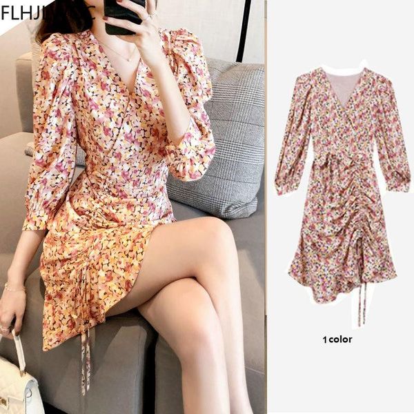 

spring fenimine vestidos date girls women v neck floral printing draped slim prairie chic ruffled pink dress casual dresses, Black;gray