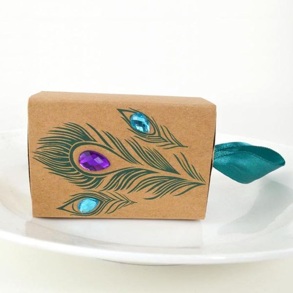 

gift wrap 10pcs peacock feather candy boxes drawer design wedding favors faux rhinestone kraft paper dragee packaging wrapping