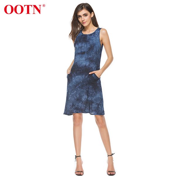 

ootn summer tie-dye blue dress women round neck sleeveless vest dress female pocket streetwear elegant short dress 210413, Black;gray