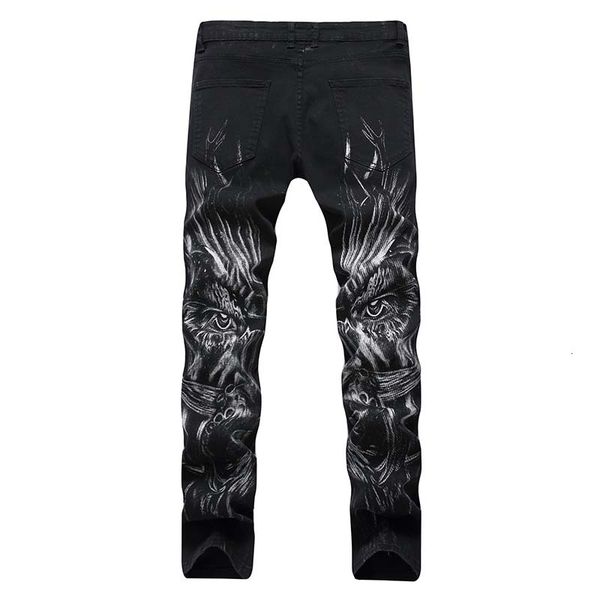 

mens jeans printing casual runway elastic straight mid waist denim pant washed high quality, Blue