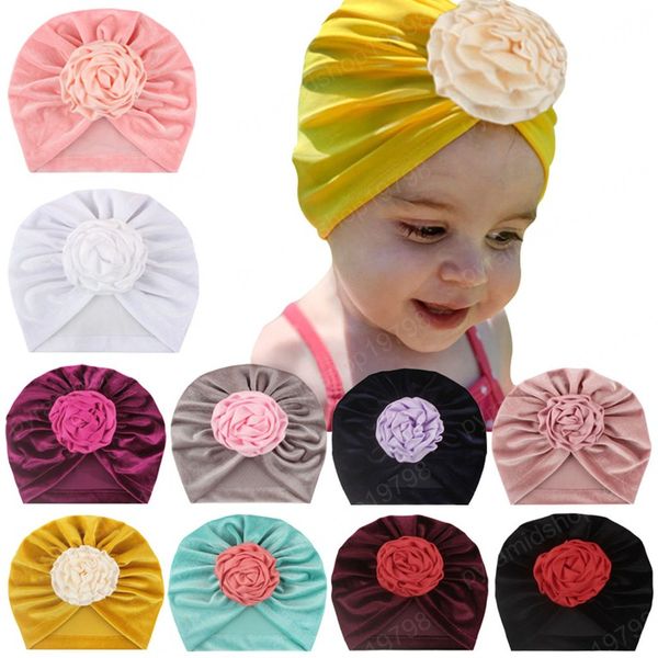 

satin rose flower newborn toddler kids baby girl turban gold velvet beanie hat knitted cap knot safe hospital caps, Yellow