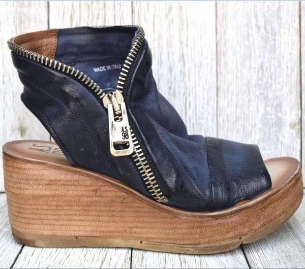

sandals 2021 women summer mid heels wedges shoes ladies vintage pu leather plus size 40, Black