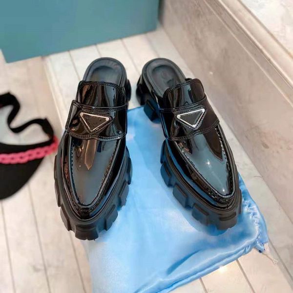 

slippers trendy design women shoes genuine leather strange square toe platform heels slip on casual, Black