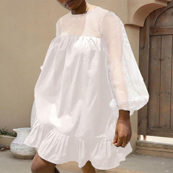 

casual dresses 2021 women's dress round neck splicing hollow out grid loose ruffle solid color summer western style long sleeve, Black;gray