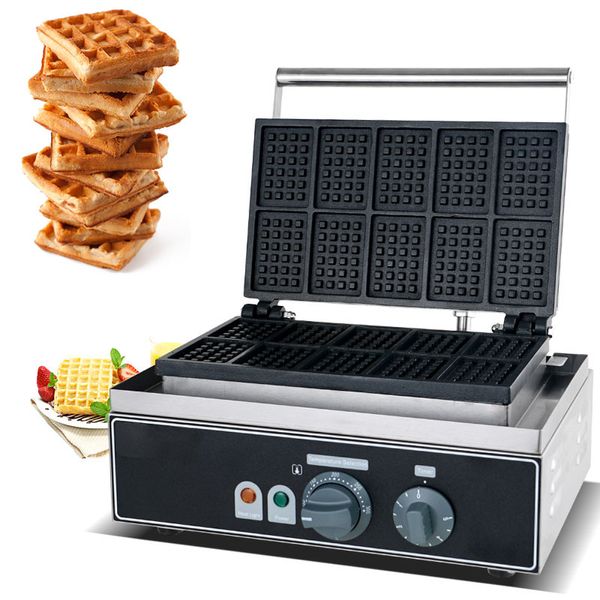 Kommerzieller 10-teiliger quadratischer Waffeleisen-Antihaft-Backeisen-Platten-Kuchen-Ofen-Waffelkegel-Hersteller Belgische Waffelmaschine 220V/110V