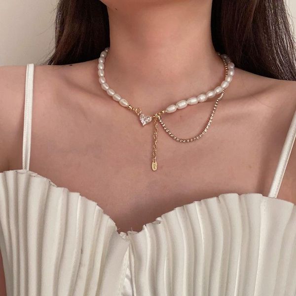 

chokers french baroque irregular natural fresh water pearl choker necklace cubic zirconia heart pendant wedding jewelry collares de moda, Golden;silver