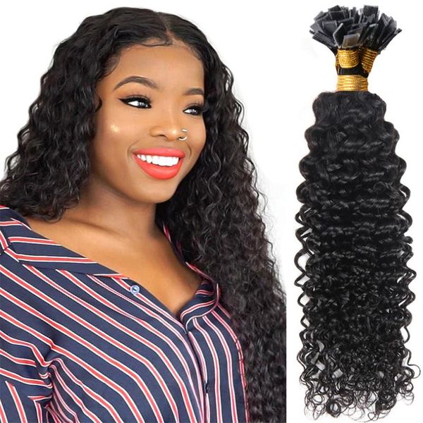 

human hair bulks malaysian kinky curly extensions flat tip in machine made 100 strands per set 1g/strand, Black