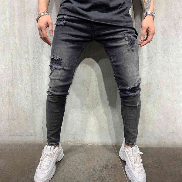 

men's knee hole elastic leg jeans slim pants, Blue
