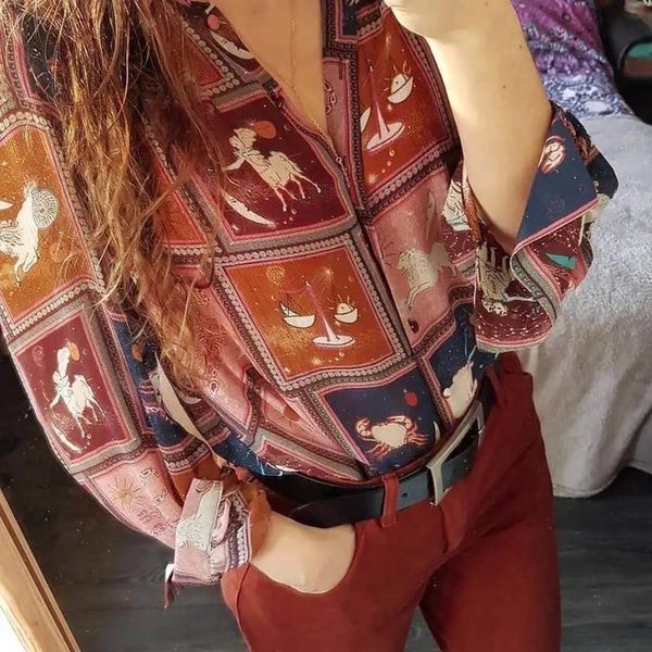 

constellation printed silk women shirt long-sleeved turn-down collar casual 2021 women's blouses & shirts, White