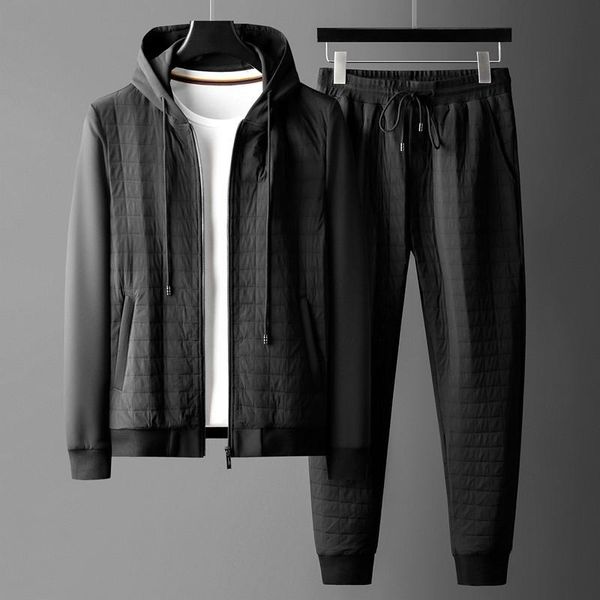 

men's tracksuits black male sets (jacket+pants) high qaulity autumn zipper hooded mens jackets fashion elastic wsiat slim fit man pants, Gray