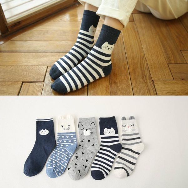

socks & hosiery 2021 products ladies trend cartoon animal pattern personality daily all-match cotton medium stockings five pairs, Black;white