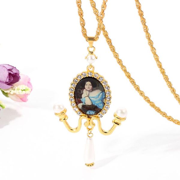 

pendant necklaces vintage baroque statement necklace oil painting po pearl for women party cosplay jewelry gifts, Silver