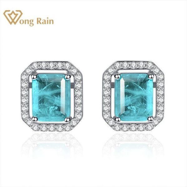 

wong rain 925 sterling silver created moissanite paraiba tourmaline gemstone diamonds ear studs earrings fine jewelry whole, Golden;silver