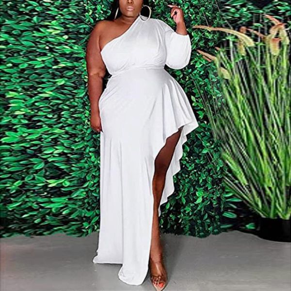 

casual dresses 2021 women clothing dress summer solid slanted shoulder one-shoulder sleeve irregular long, Black;gray
