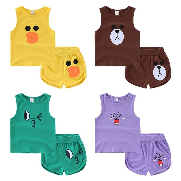 

children clothing summer 2021 new baby cartoon sleeve less two piece vest shorts set pure cotton, White
