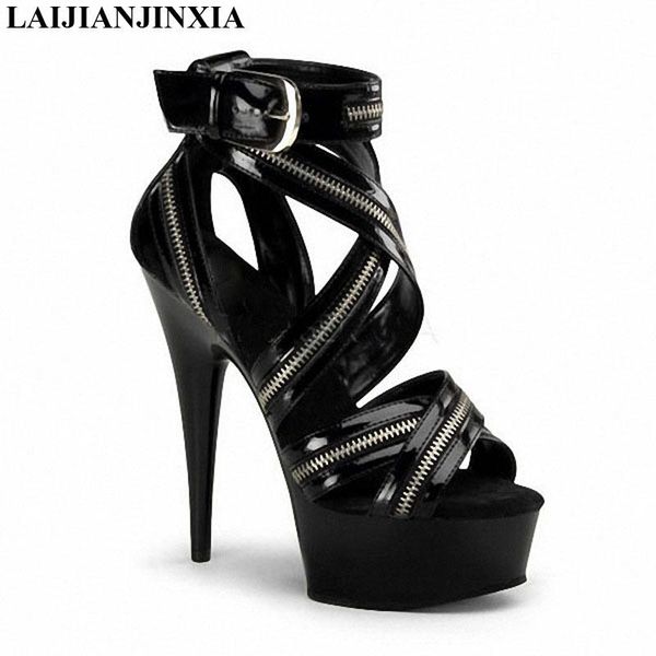 

women summer sandal 15cm thin high-heels shoes ankle strap nightclub dancing women's sandals dress, Black