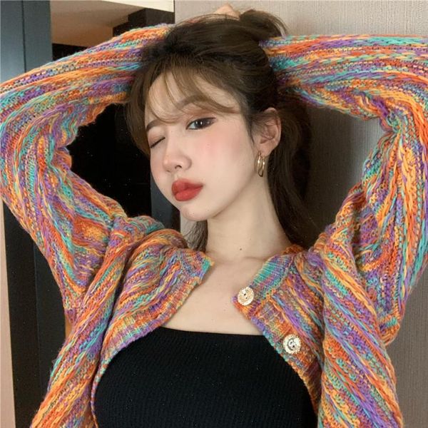 

rainbow cardigans casual chic colorful womens sweater long sleeve boho vintage knitted sweaters spring, White;black