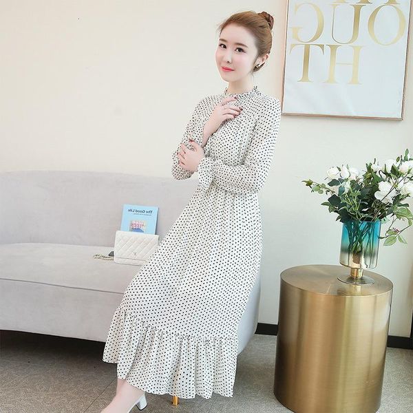 

dresses mid-2021 waist wave point chiffon long sleeve dress op#6005, Black;gray