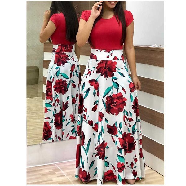 Sommer Oansatz Kurzarm frauen Dr2020 Sexy Casual Floral Lange Kleider Schlank Elegante Mode DrVestidos Plus Größe 5XL X0529