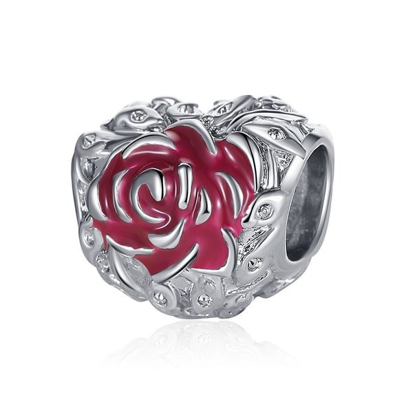 

fit pandora charm bracelet european cherry red rose flower enamel silver charms beads diy snake chain for women bangle necklace jewelry, Black