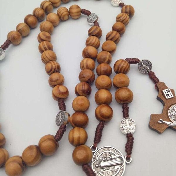 

pendant necklaces simple handmade round bead catholic rosary cross religious brown wood beads mens necklace, Silver