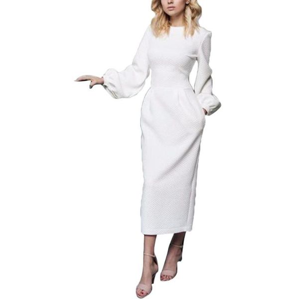 

elegant women solid color o neck long puff sleeve waist tight party midi dress casual dresses, Black;gray