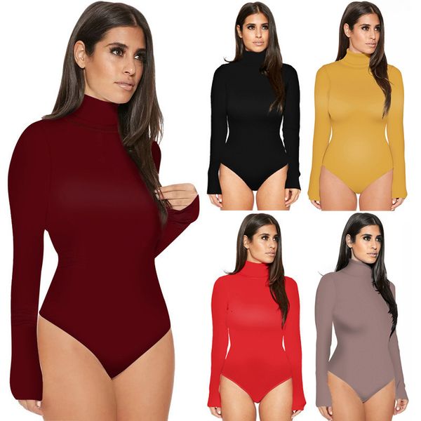 

bras solid turtleneck bodysuit long sleeve autumn winter elegant slim femme bodycon black white womens jumpsuit slqy, Red;black