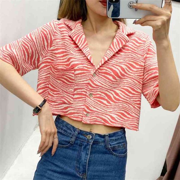

women summer print short blouses and shirts za notched collar knitting jacquard female casual street blusas 210513, White