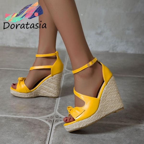 

fashion women ankle strap bowknot platform shoes flax wedges high heels sandals open toe summer dress, Black