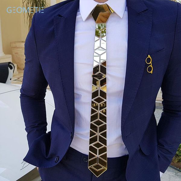 Глянцевое золотое зеркало галстук диаманта формы стройные мужчины Bling аксессуар свадьба ночной клуб певец диджей мода шоу партийных галстуков