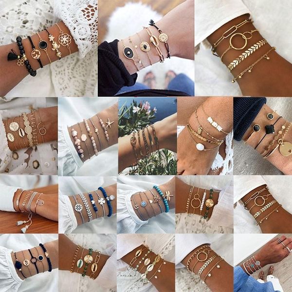 

link, chain punk rhinestone geometric set for women bohemians multilayer charm fashion party jewelry bracelets, Black