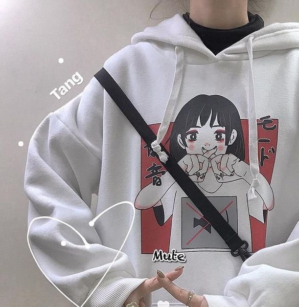 

japanese winter cartoon letter print women hoodie ulzzang fun ins cute vintage casual harajuka plus size velvet hooded sweatshirt, Black