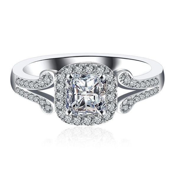 

wedding rings elegant princess cutting synthetic stone ring women 100% pure sterling silver 925 band classic design box gift, Slivery;golden