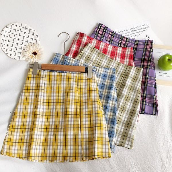 

women plaid skirts summer preppy style school girl checked skirt vintage high waist slit mini for side zipper, Black