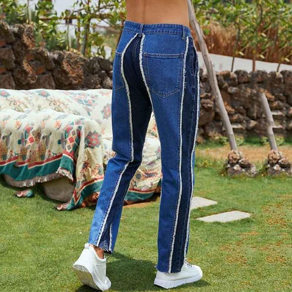 

men's jeans men denim pants splicing color contrast open line stripe slim pencil washed patchwork mid waisted indigo blue streetwear
