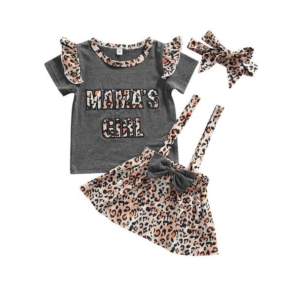 

clothing sets 3 pieces kids suit set toddler leopard print o-neck short sleeve + suspender skirt+ headband 9 months-4 years, White