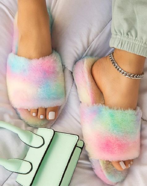 

slippers winter home shoes women house warm faux fur ladies cross soft plush furry female open toe slides, Black