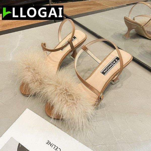 

wool fashion high heels summer shoes women stiletto sandalen open toe fluff strappy thin pointed fur sandals dress, Black
