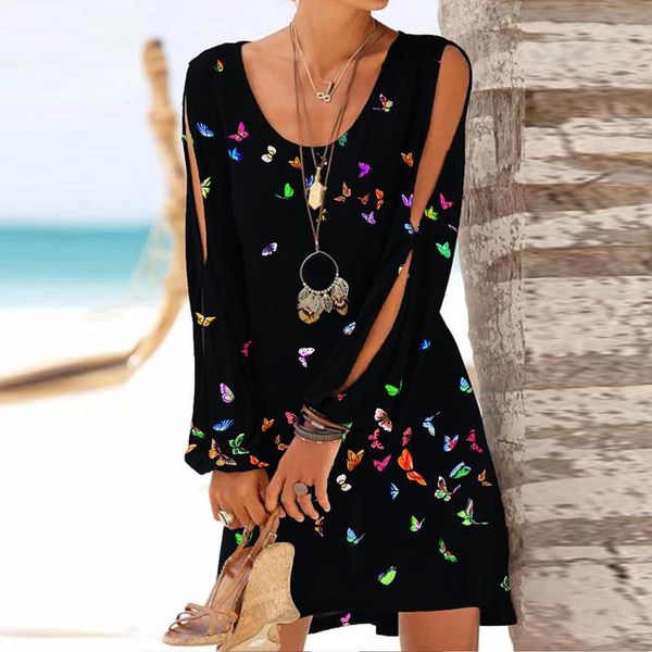 

40# butterfly print bohemia dress women floral casual summer o neck hollow out long sleeve sundress plus size dresses, Black;gray