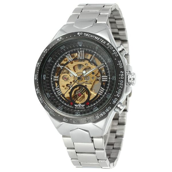 

fashion men mechanical watch winner golden steel automatic classic skeleton wristwatch clock gift wristwatches, Slivery;brown