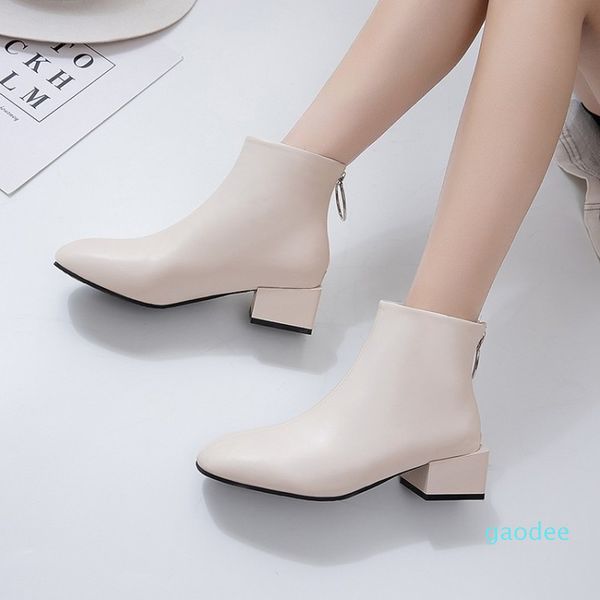 

ankle boots women block mid heel back zip leather booties square toe autumn winter boot womens shoes plus size 33 46 girls, Black